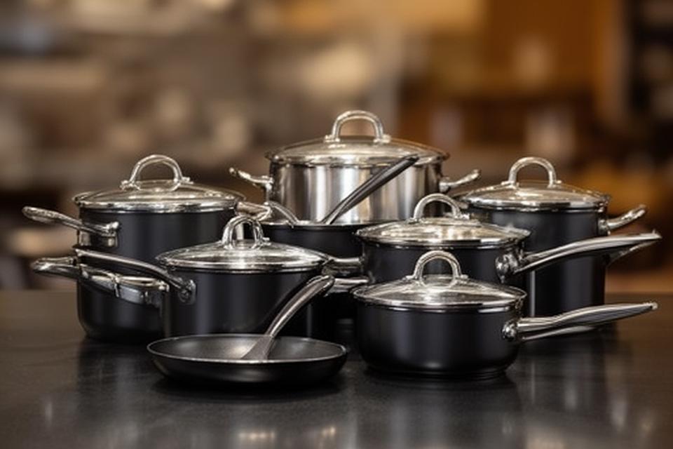 Batería de cocina profesional completa alineada en una cocina de restaurante con luz suave