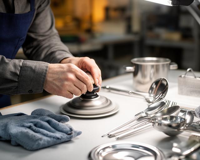 Personal del taller realizando pulido manual de utensilios de cocina en una mesa iluminada