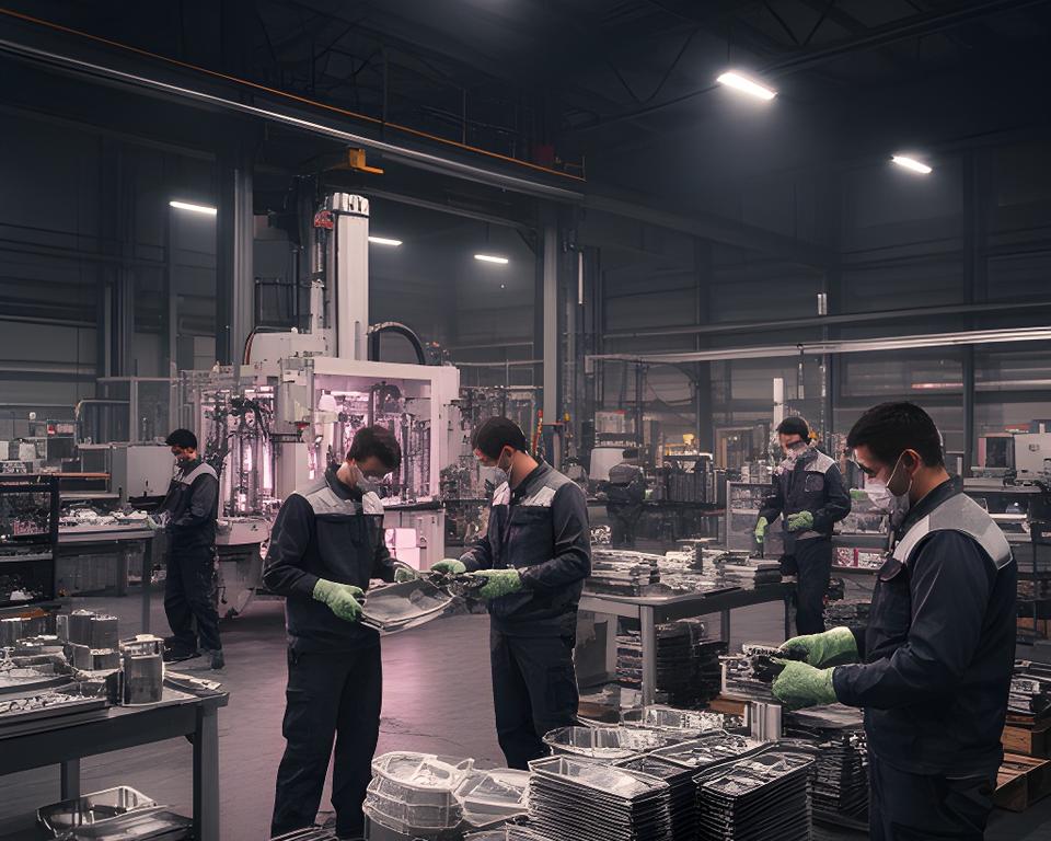 Vista de la planta de fabricación en RP316 con trabajadores revisando utensilios de cocina y luminarias industriales