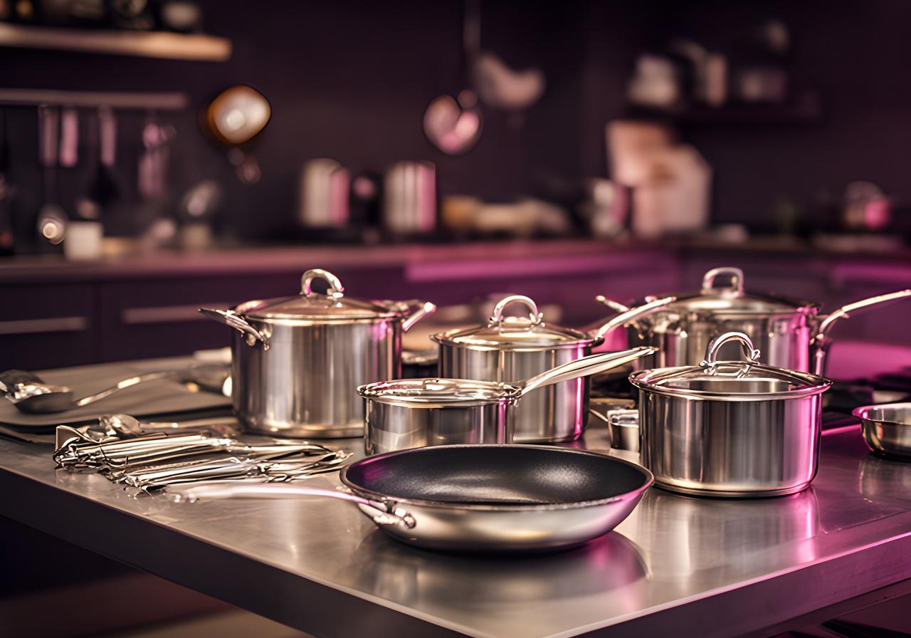 Mesa de acero en una cocina profesional con utensilios brillantes y luz cálida sobre la superficie