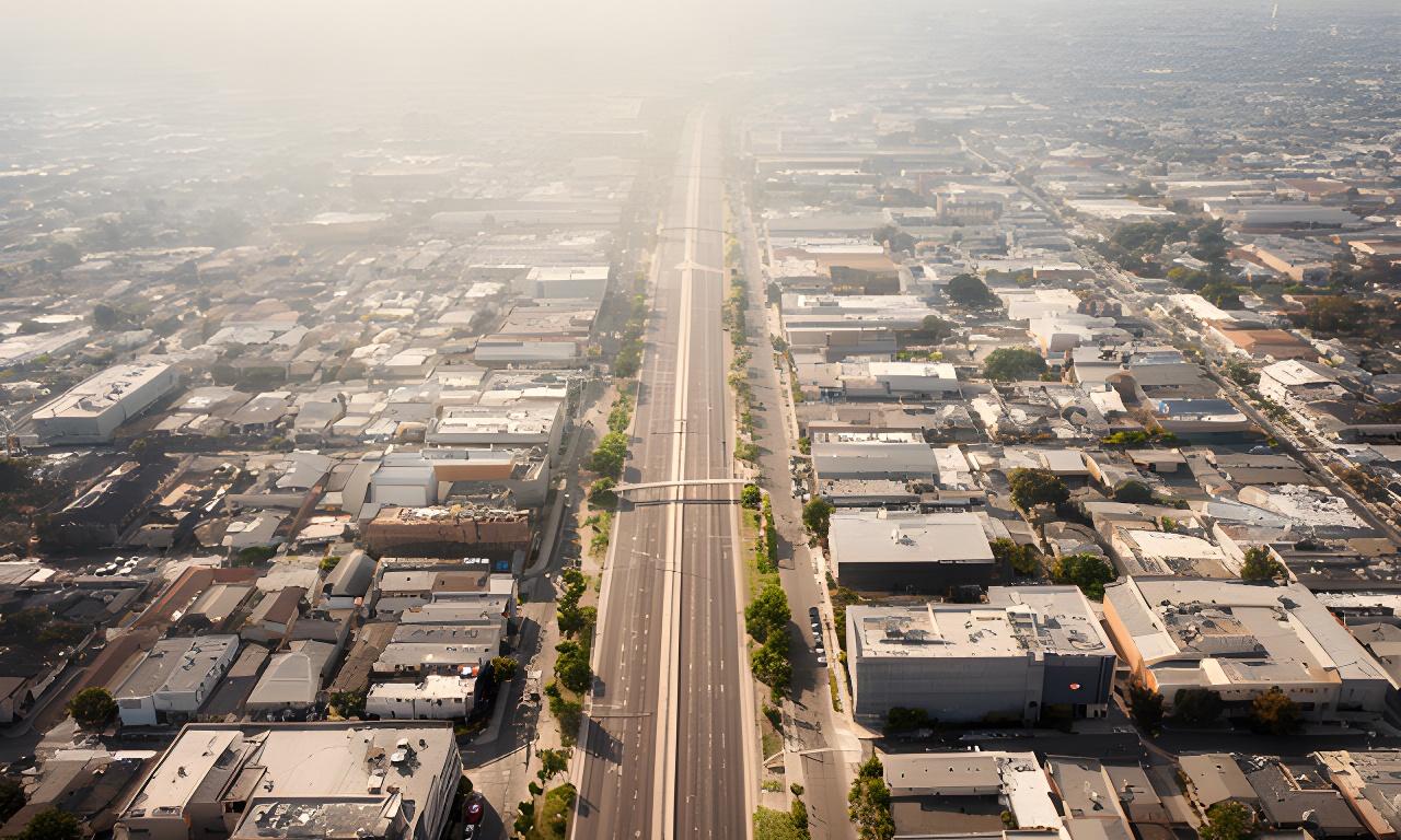 Vista aérea ilustrada de una zona urbana en Banda del Río Salí con una calle principal y edificios bajos