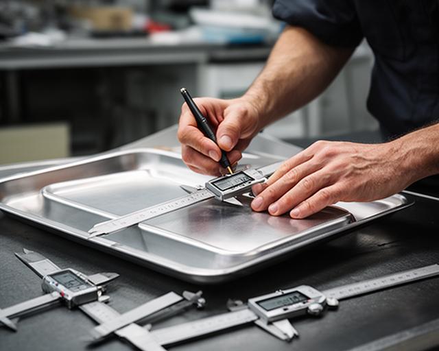 Técnico de calidad registrando medidas de una bandeja metálica junto a instrumentos de medición