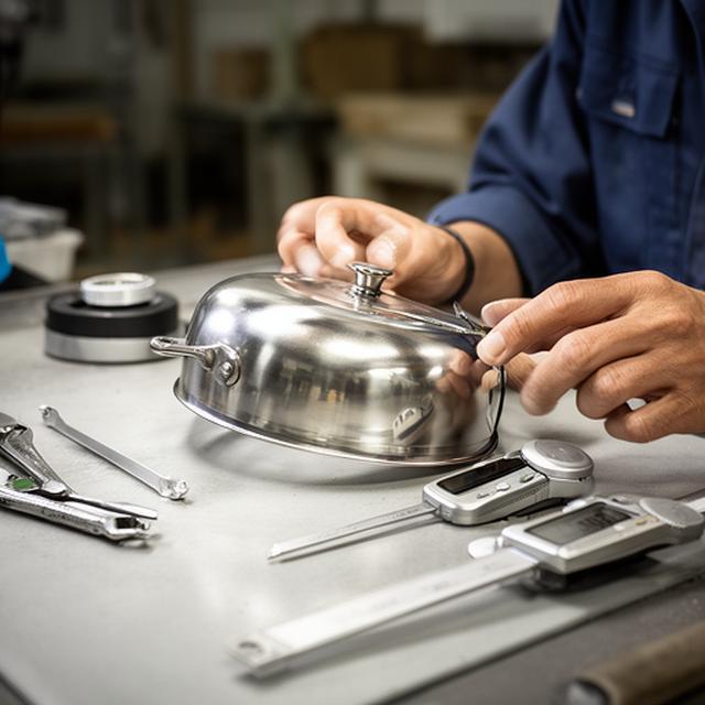 Técnica de control de calidad inspeccionando una olla pulida bajo luz blanca en mesa de trabajo