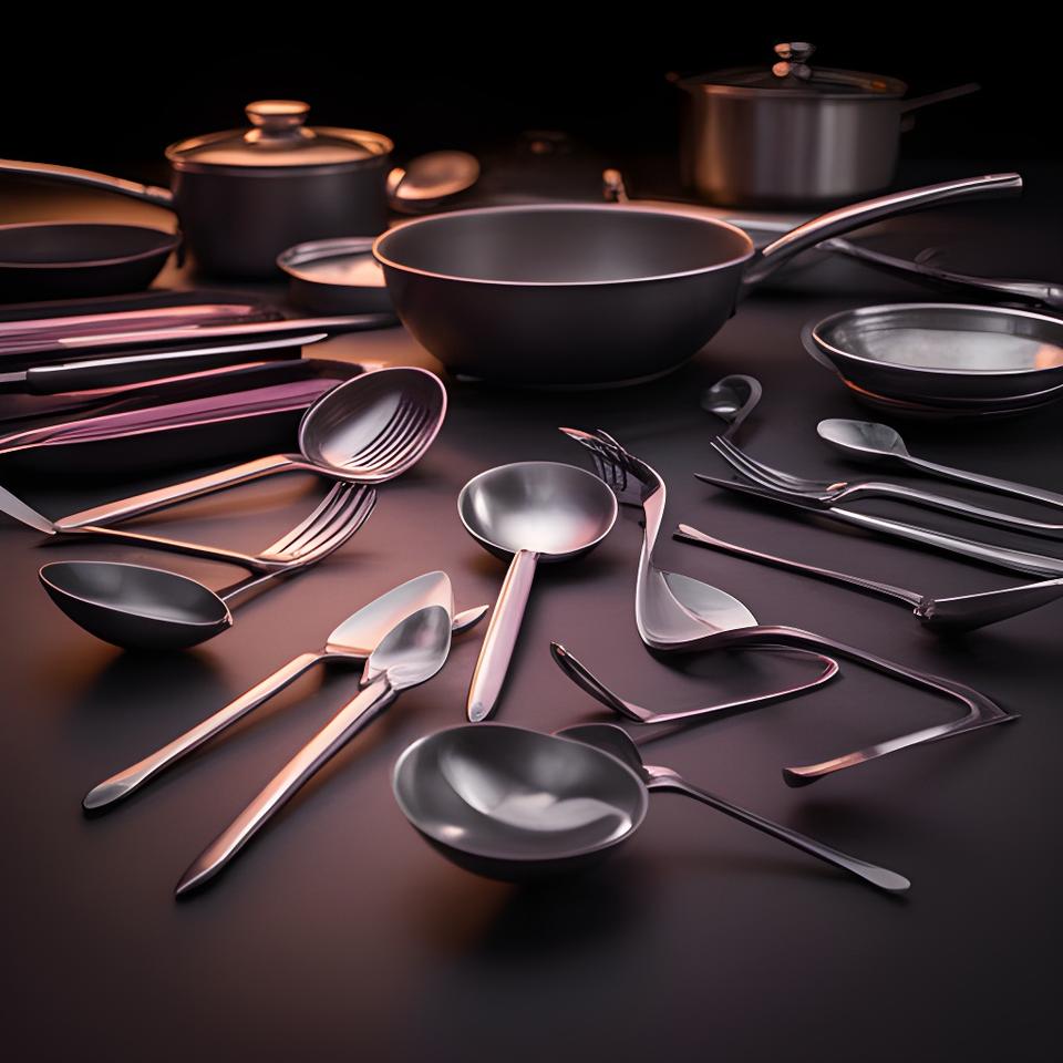 Colección de utensilios de cocina profesionales sobre una mesa oscura con reflejos cálidos y texturas metálicas