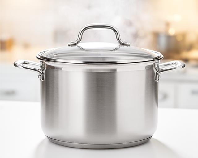 Olla de acero inoxidable con tapa de 24 cm en una cocina luminosa de estilo profesional