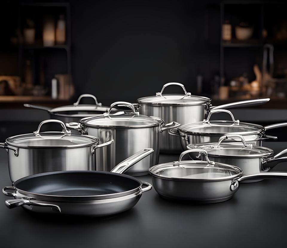 Línea de ollas y sartenes profesionales sobre una mesa oscura en un estudio de cocina elegante