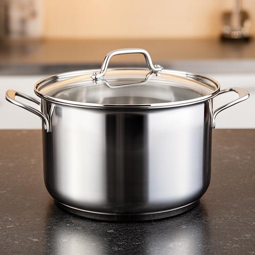 Olla de acero inoxidable profesional sobre mesada de cocina con tapa y acabado pulido