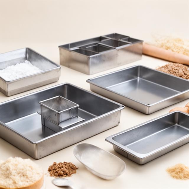 Moldes y bandejas de repostería ordenados sobre una mesa clara con ingredientes de pastelería
