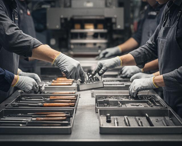 Equipo coordinando el proceso de estampado con guantes, mesas de acero y herramientas alineadas