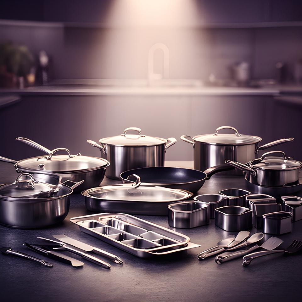 Mesa de cocina profesional con ollas, moldes y utensilios organizados en un ambiente sobrio y luminoso