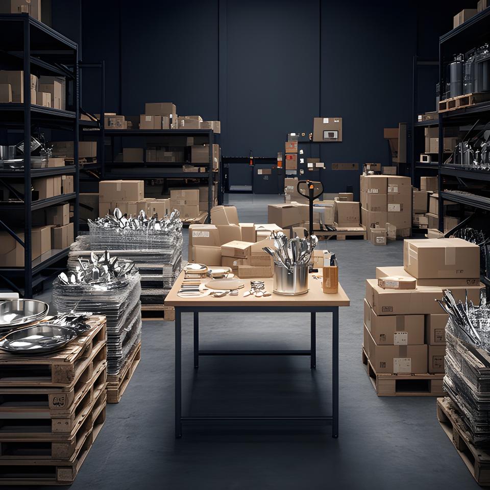 Depósito profesional con utensilios de cocina apilados, cajas listas para despacho y una mesa de control en un ambiente ordenado