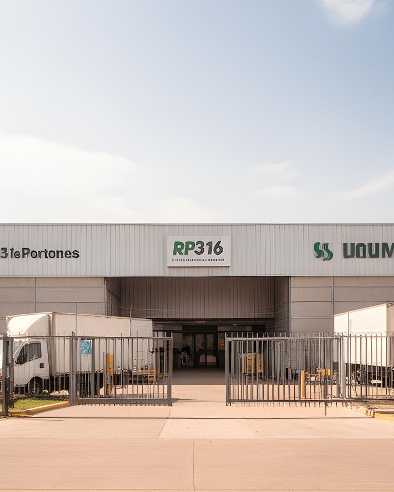 Fachada de la fábrica sobre RP316 con portones metálicos, vehículos de reparto y cielo despejado de Tucumán