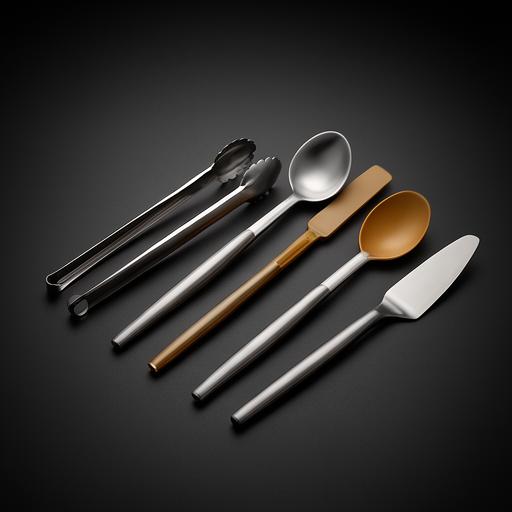 Set de utensilios especiales de cocina alineados sobre fondo oscuro con pinzas, cucharas y espátulas