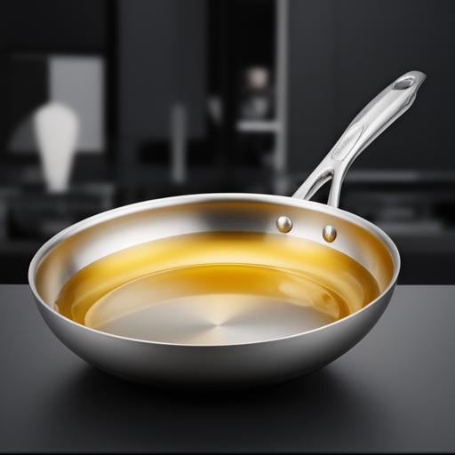 Sartén antiadherente en una cocina moderna con aceite brillante y mango ergonómico