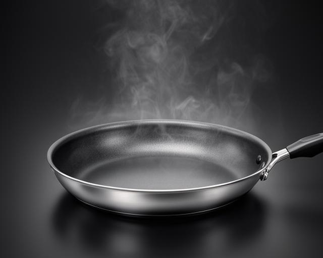 Sartén antiadherente profesional de 28 cm sobre fondo oscuro con vapor sutil