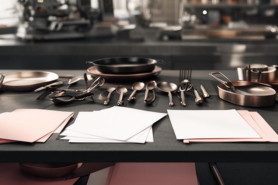 Mesa de trabajo elegante con utensilios de cocina profesionales y documentos ordenados en un entorno de taller luminoso