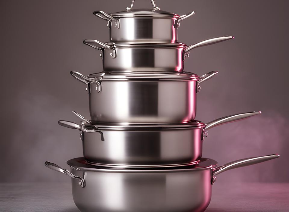 Batería gourmet de ollas y sartenes apiladas en una cocina profesional con luz suave y fondos neutros
