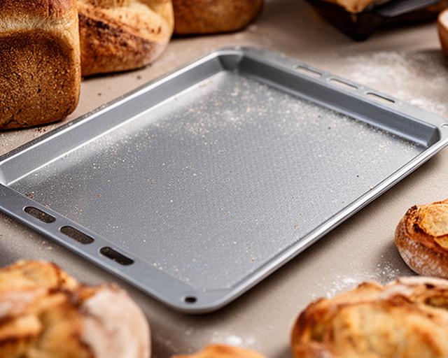 Bandeja para horno reforzada de 40x30 cm sobre una mesa de trabajo con panes recién horneados